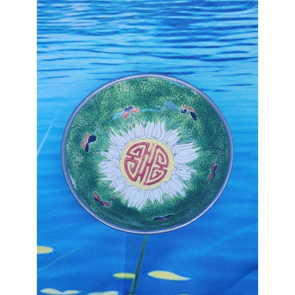 Famille Rose Verte and Bok Choy catchall Encased In Pewter Vintage 4"